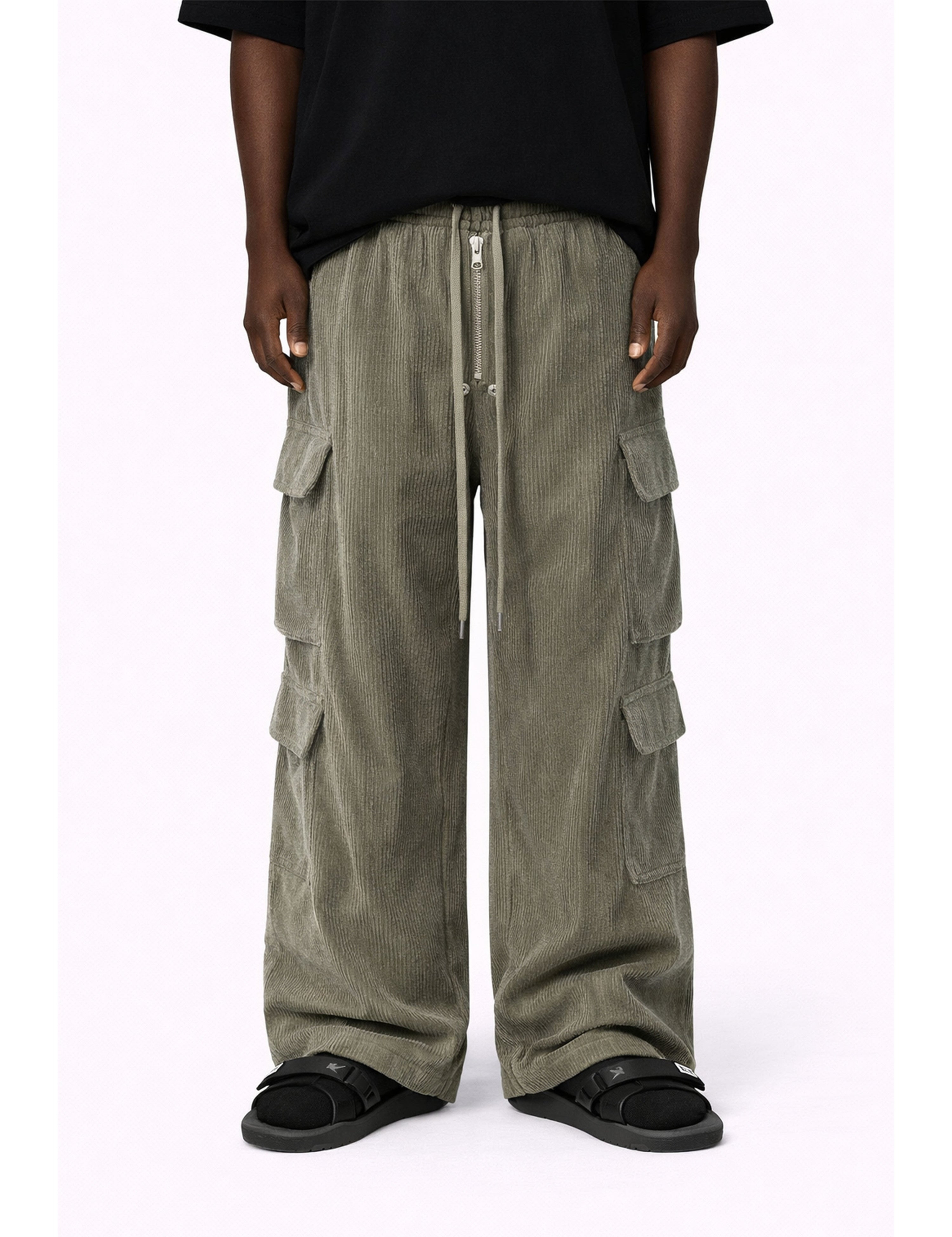 GREY CORDUROY DRAWSTRING CARGO PANTS